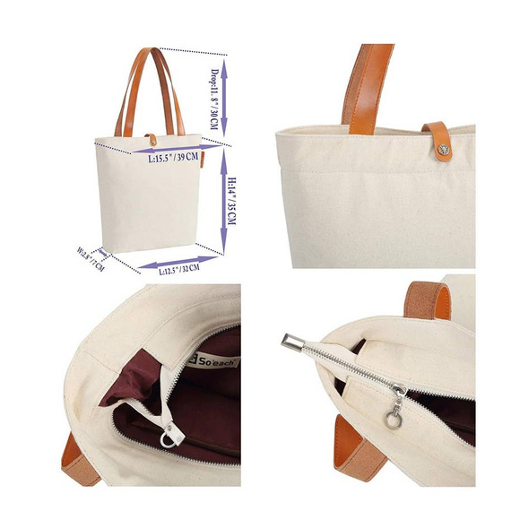 So'each Canvas Leather Zippered Tote Bag Teacher Gift Handbag Shoulder Bag - Picture 5 of 15